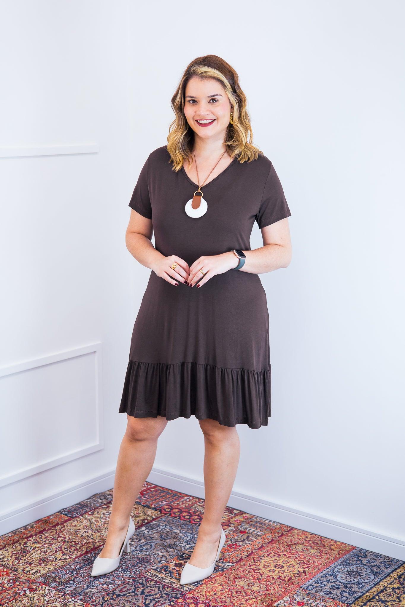 Vestido Verona - Babado Gola V e Manga Curta - Bazar Online