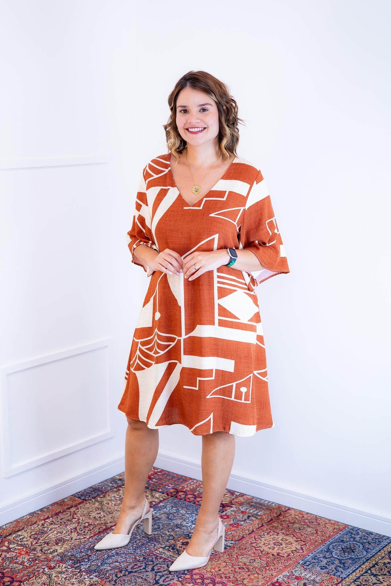 Vestido Sabrina - Decote V Manga Morcego em Viscolinho - Bazar Online