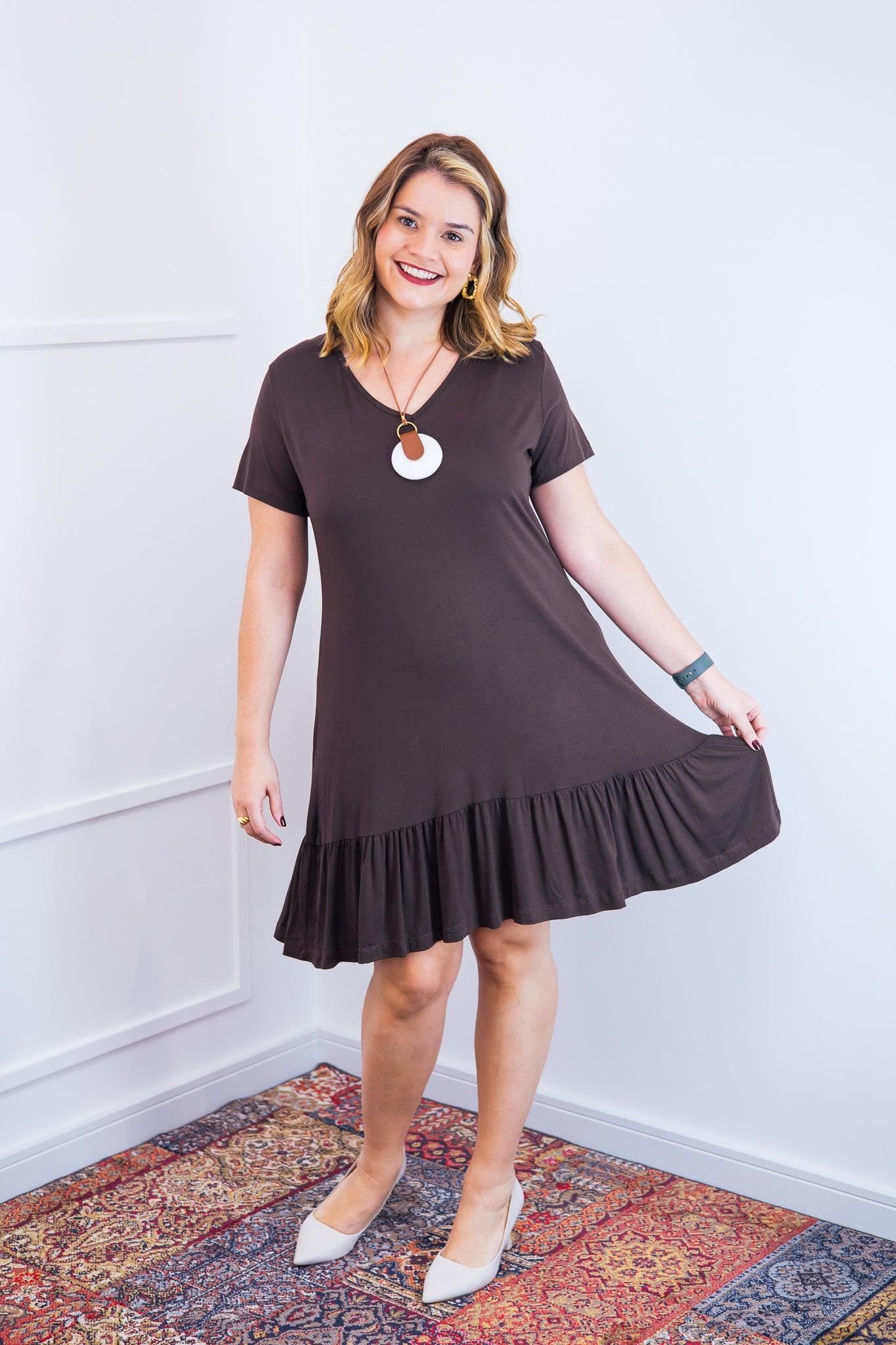 Vestido Verona - Babado Gola V e Manga Curta - Bazar Online