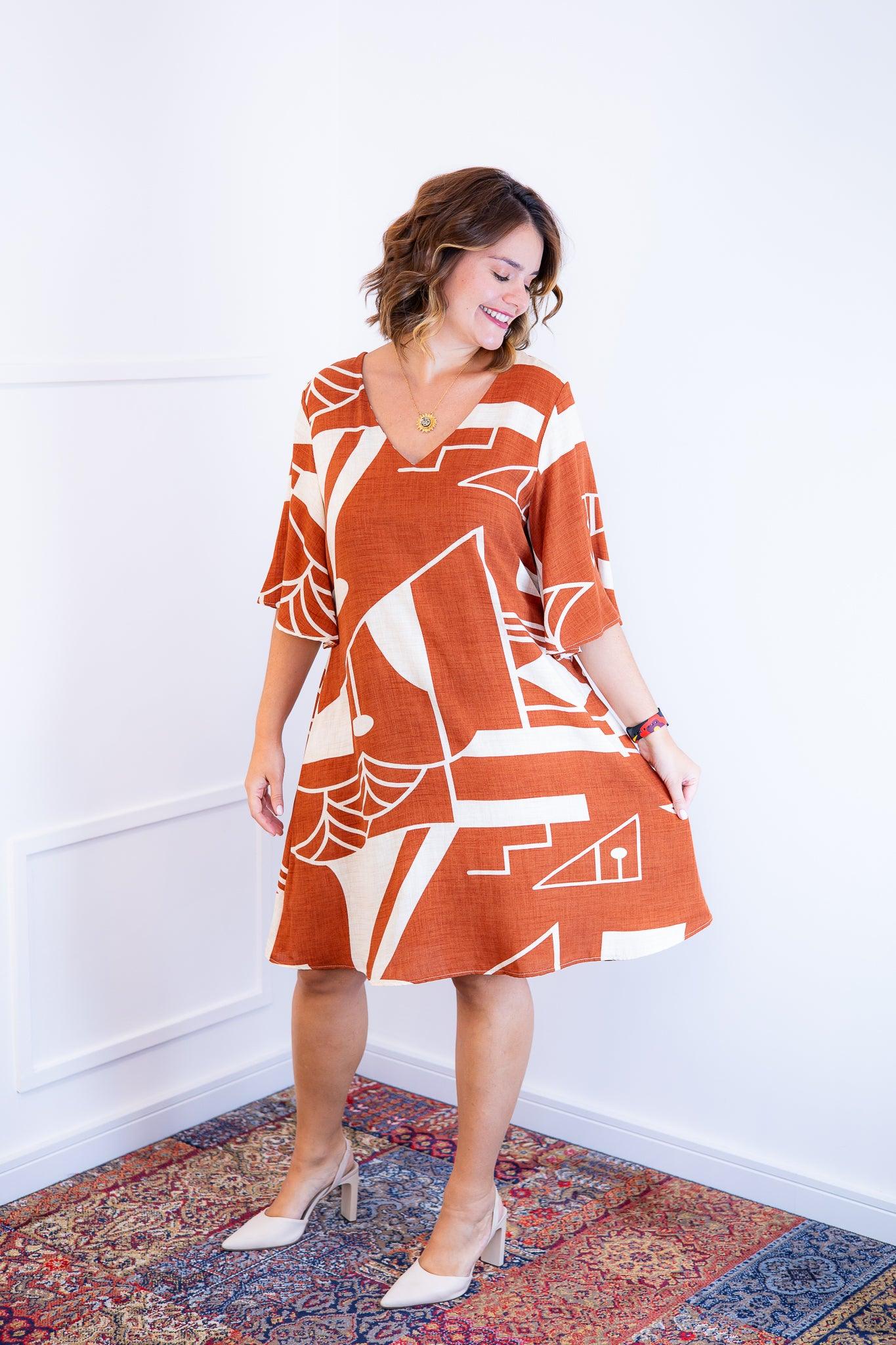 Vestido Sabrina - Decote V Manga Morcego em Viscolinho - Bazar Online