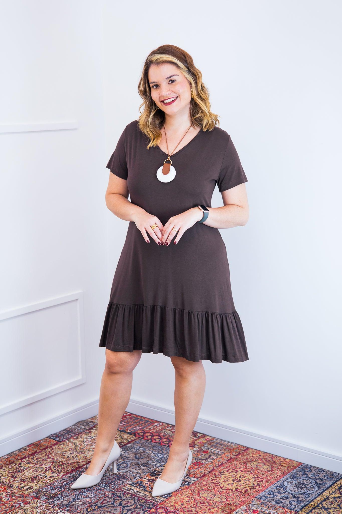 Vestido Verona - Babado Gola V e Manga Curta - Bazar Online
