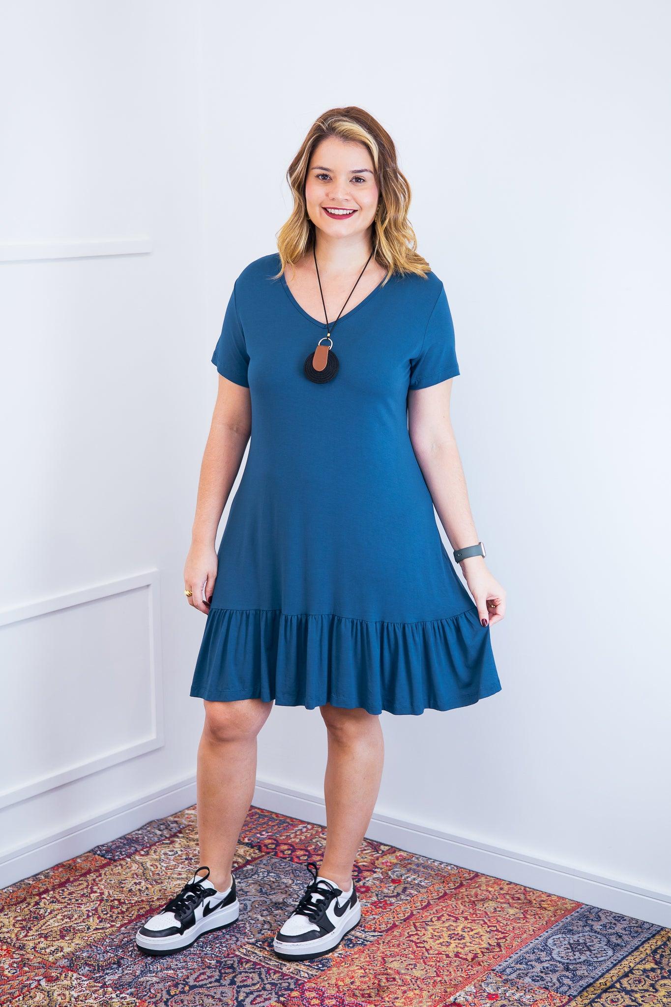 Vestido Verona - Babado Gola V e Manga Curta - Bazar Online