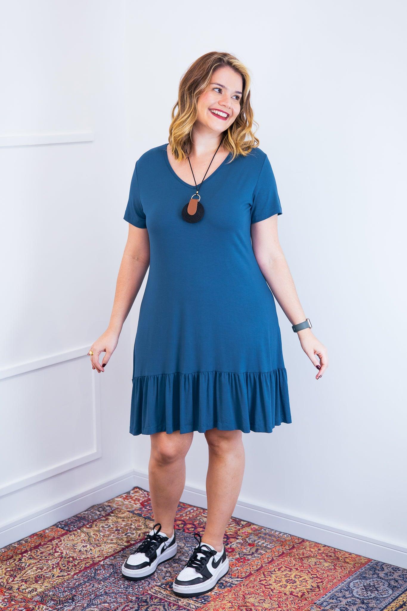 Vestido Verona - Babado Gola V e Manga Curta - Bazar Online