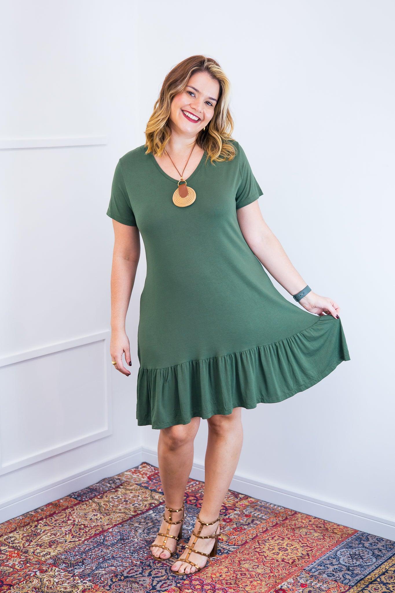 Vestido Verona - Babado Gola V e Manga Curta - Bazar Online