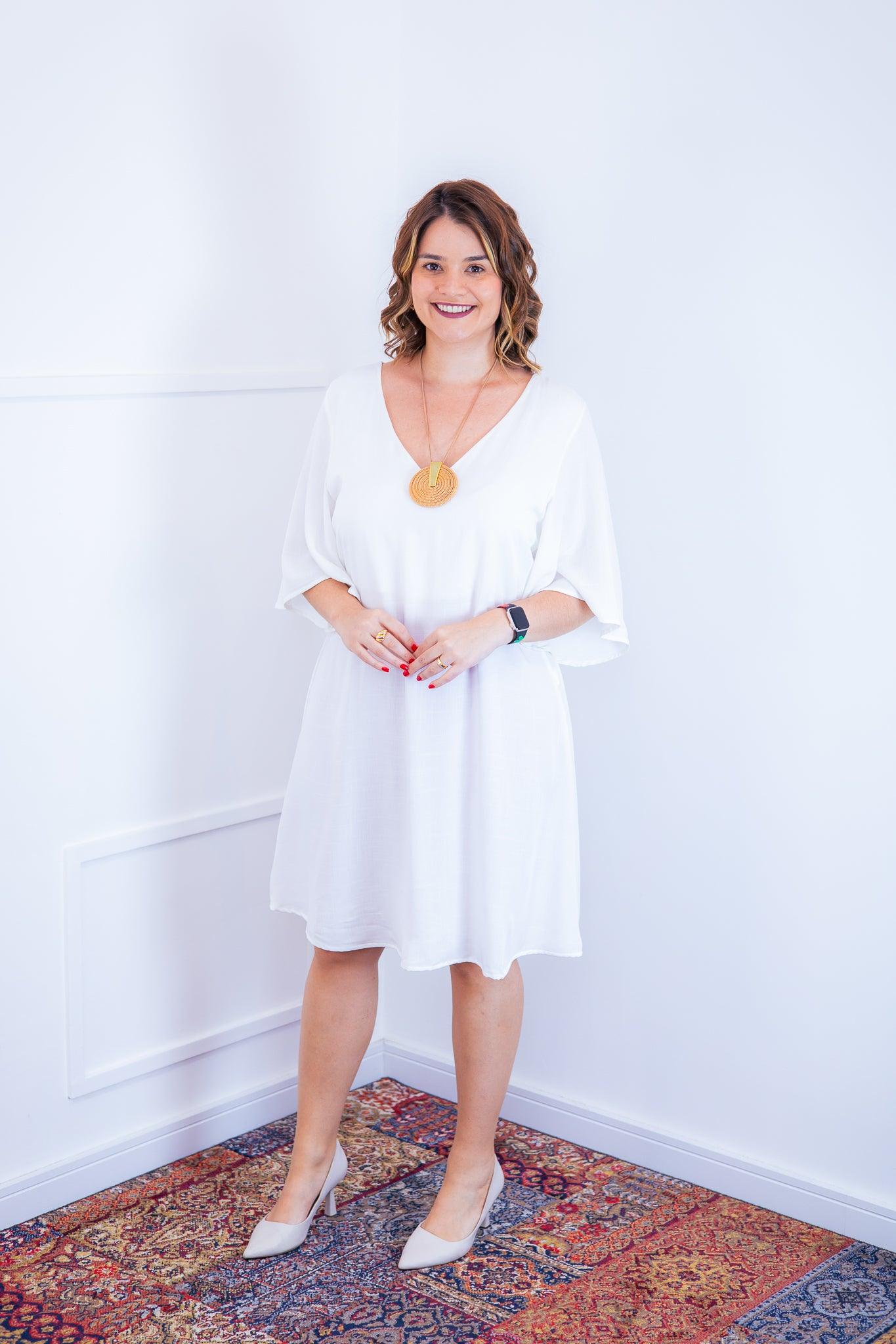 Vestido Sabrina - Decote V Manga Morcego em Viscolinho - Bazar Online