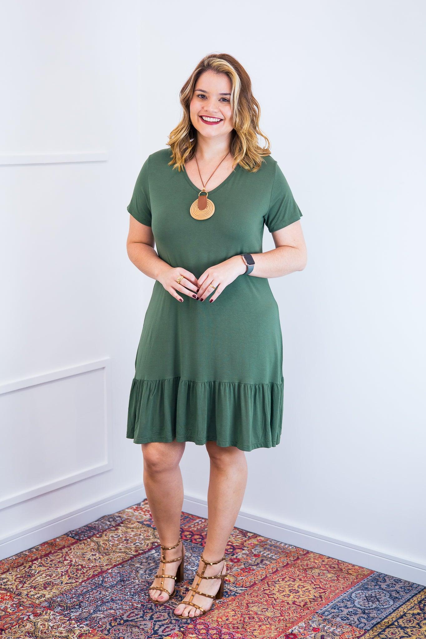 Vestido Verona - Babado Gola V e Manga Curta - Bazar Online