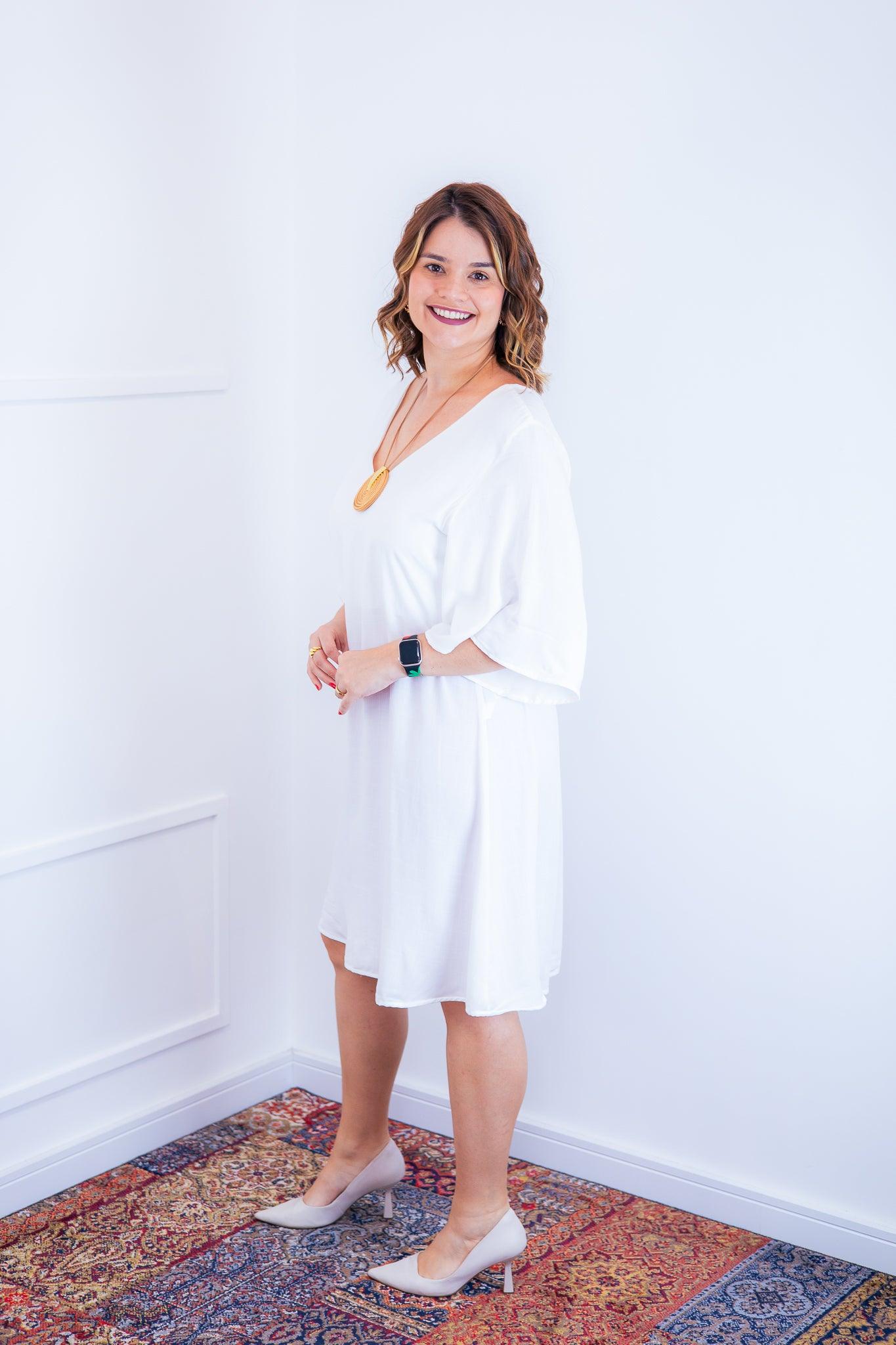 Vestido Sabrina - Decote V Manga Morcego em Viscolinho - Bazar Online