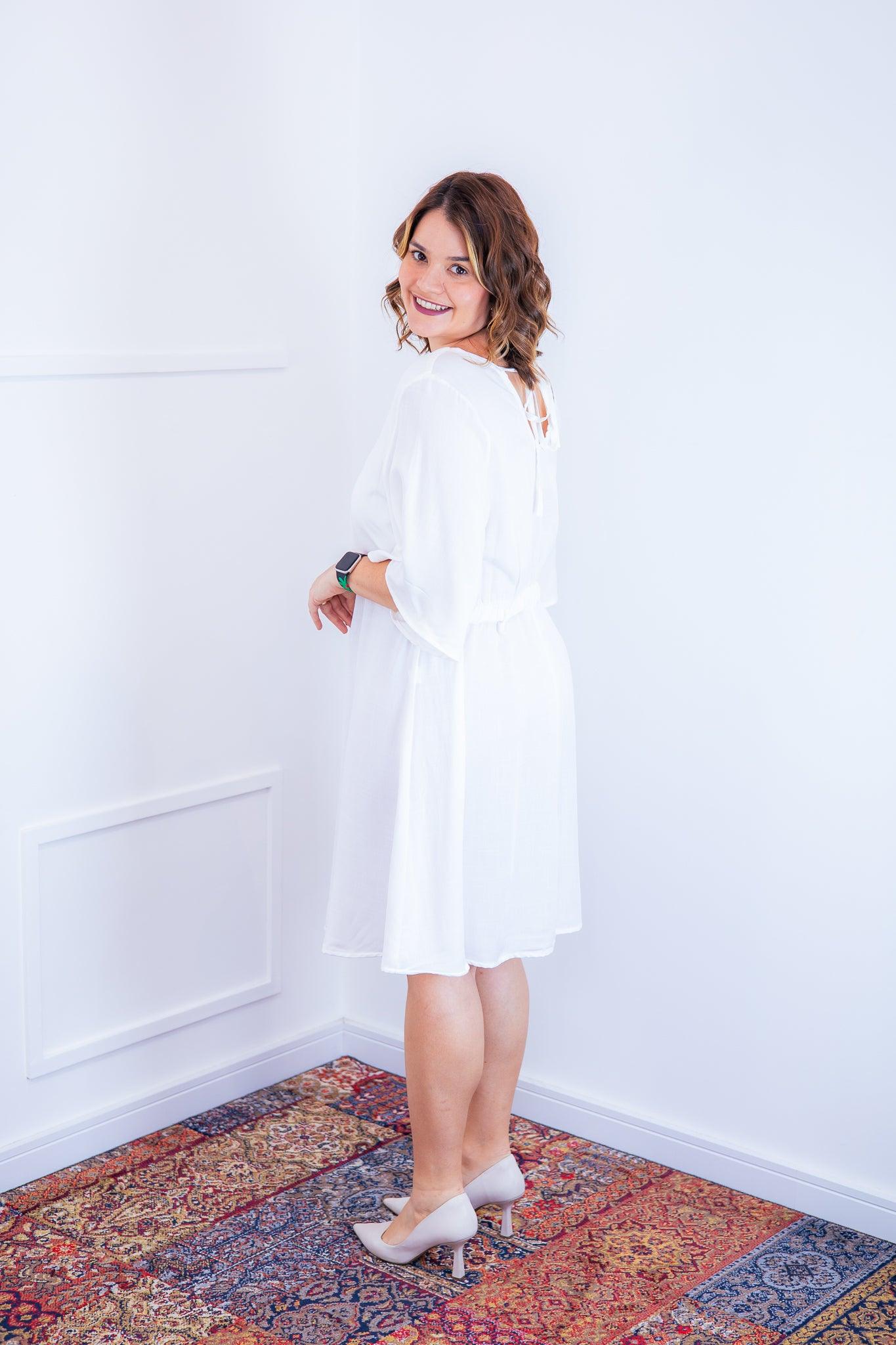 Vestido Sabrina - Decote V Manga Morcego em Viscolinho - Bazar Online