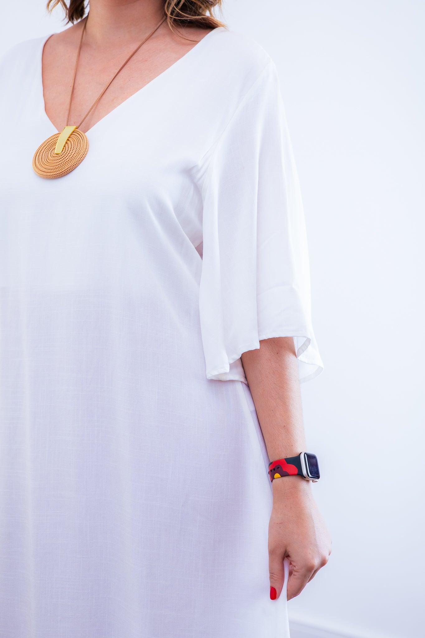 Vestido Sabrina - Decote V Manga Morcego em Viscolinho - Bazar Online