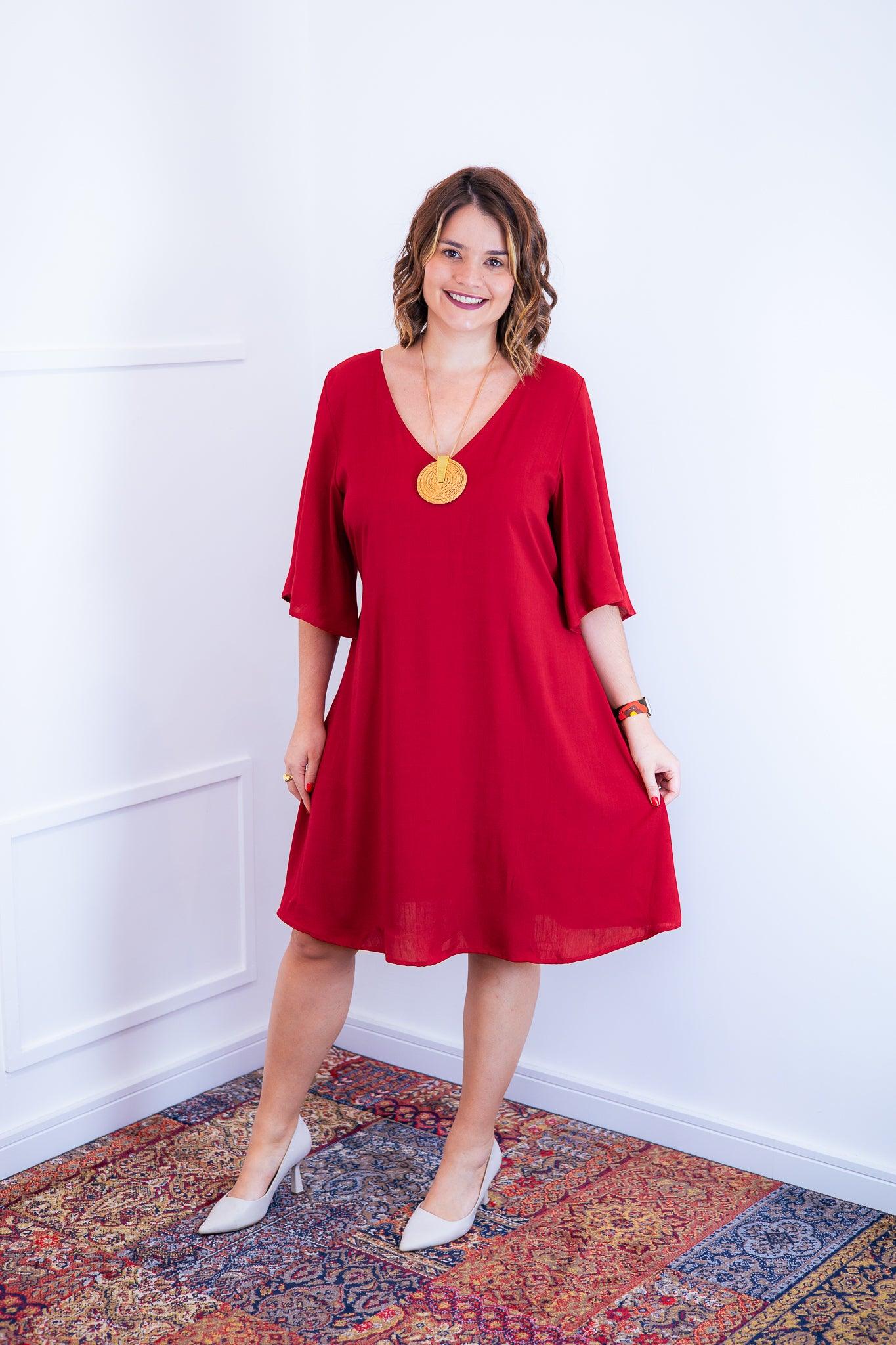 Vestido Sabrina - Decote V Manga Morcego em Viscolinho - Bazar Online