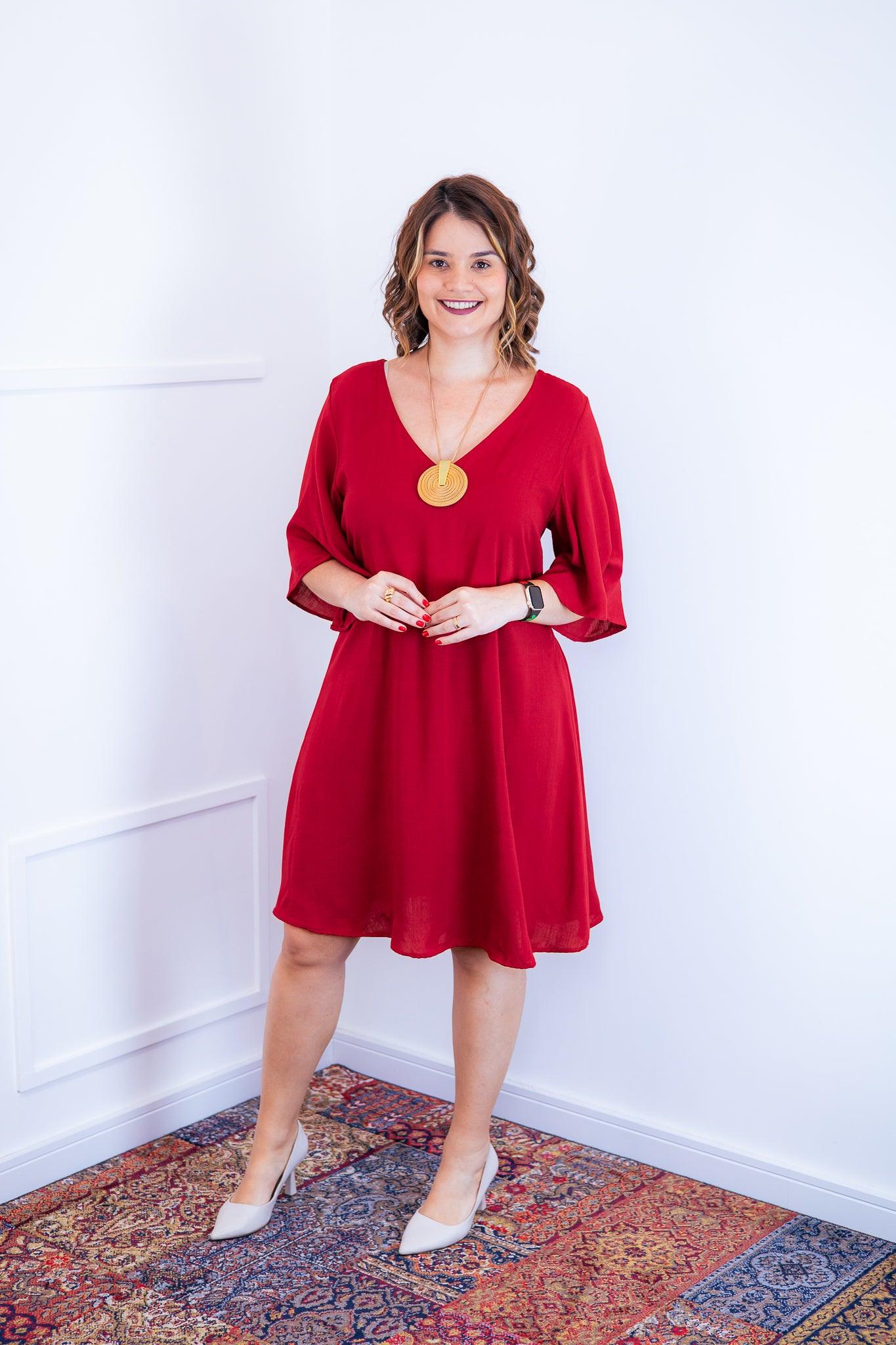 Vestido Sabrina - Decote V Manga Morcego em Viscolinho - Bazar Online