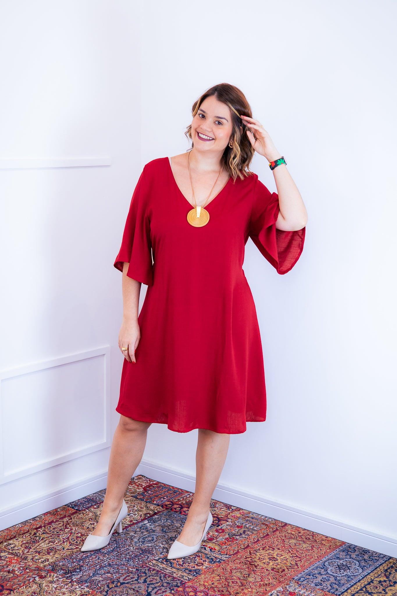 Vestido Sabrina - Decote V Manga Morcego em Viscolinho - Bazar Online