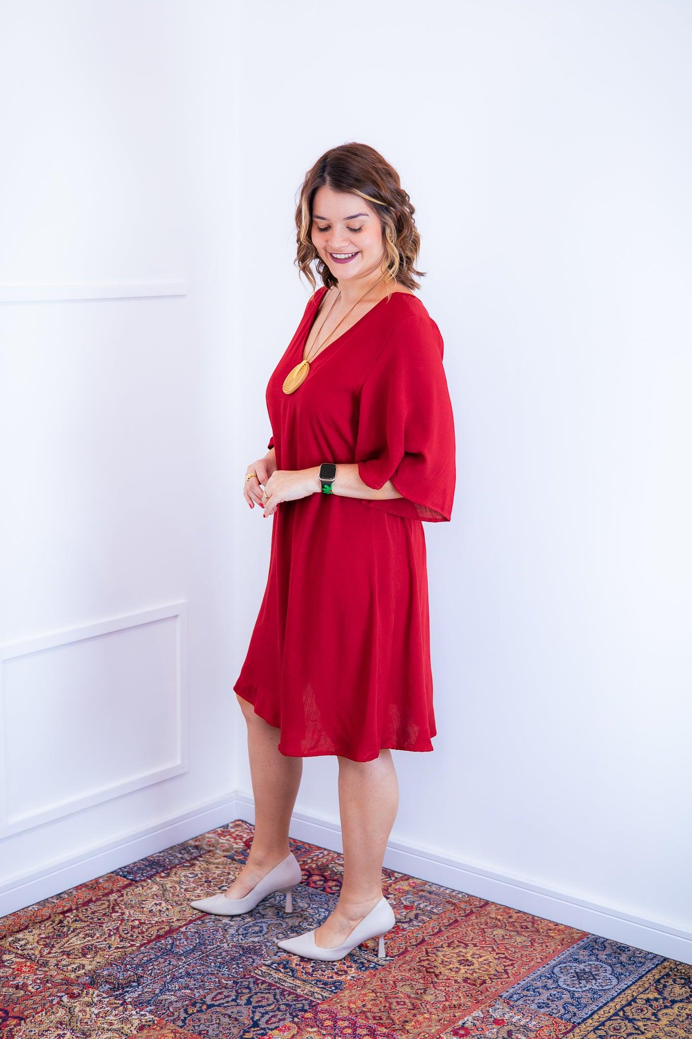 Vestido Sabrina - Decote V Manga Morcego em Viscolinho - Bazar Online