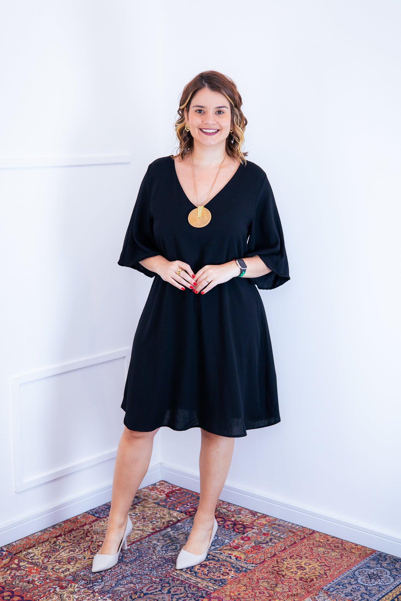 Vestido Sabrina - Decote V Manga Morcego em Viscolinho - Bazar Online