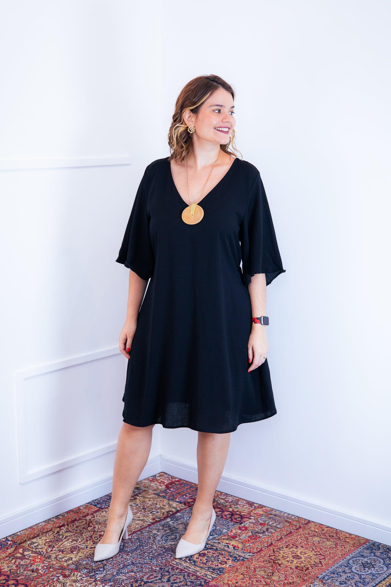 Vestido Sabrina - Decote V Manga Morcego em Viscolinho - Bazar Online