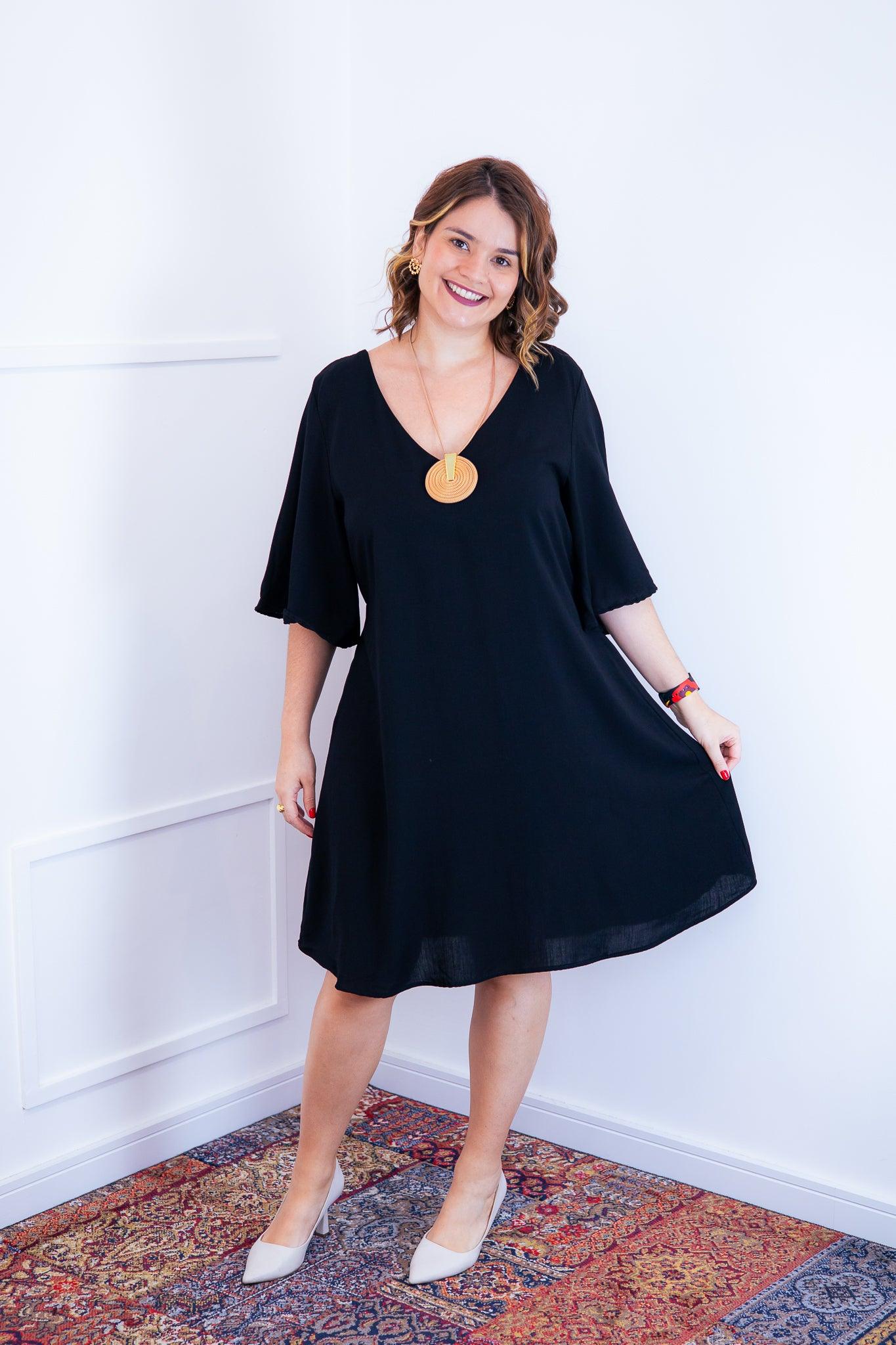 Vestido Sabrina - Decote V Manga Morcego em Viscolinho - Bazar Online