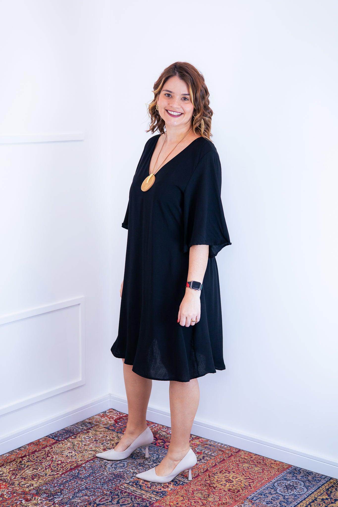 Vestido Sabrina - Decote V Manga Morcego em Viscolinho - Bazar Online