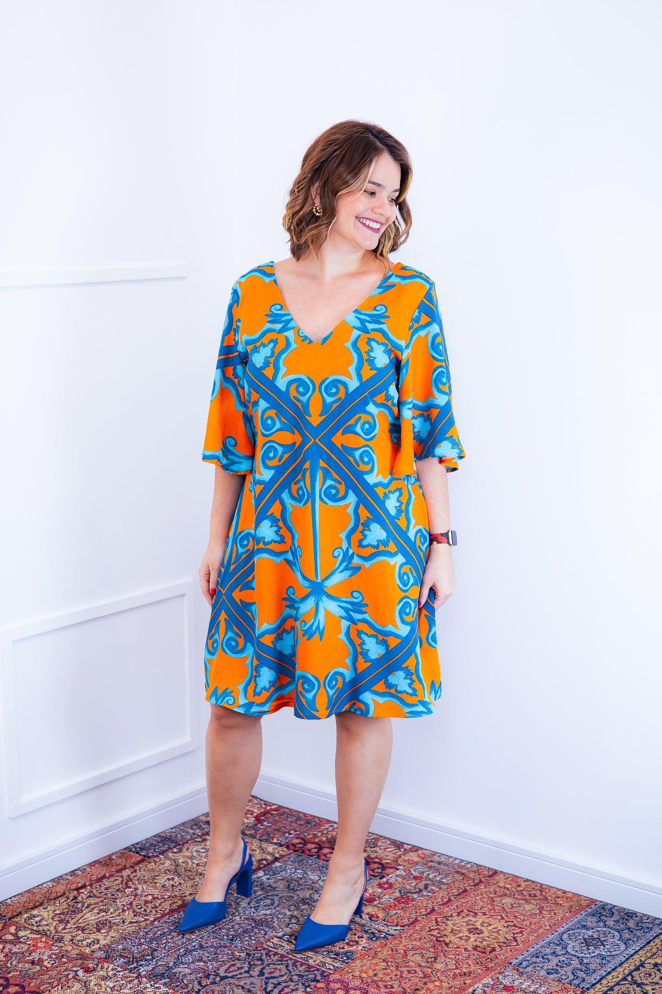 Vestido Sabrina - Decote V Manga Morcego em Viscolinho - Bazar Online