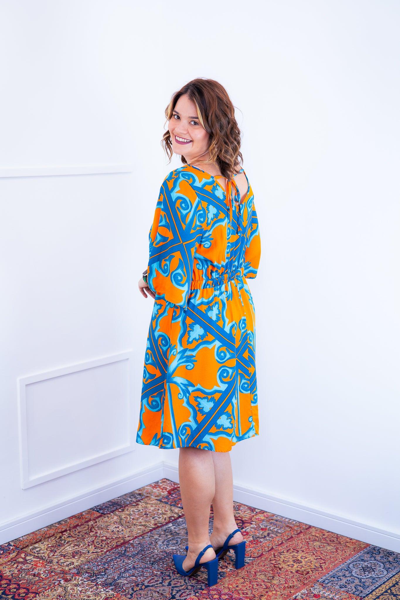 Vestido Sabrina - Decote V Manga Morcego em Viscolinho - Bazar Online