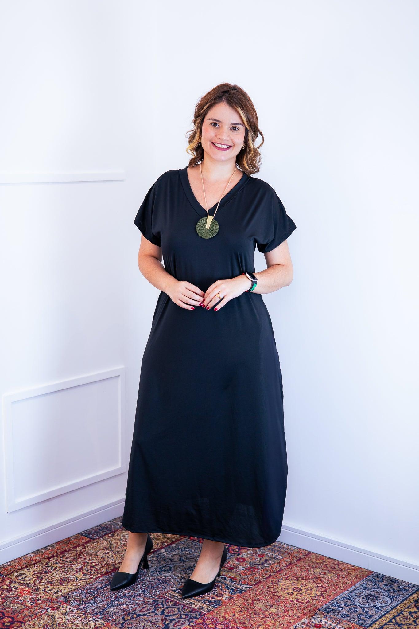 Vestido Antonella - Decote V e Fendas Laterais em Malha Confort - Bazar Online