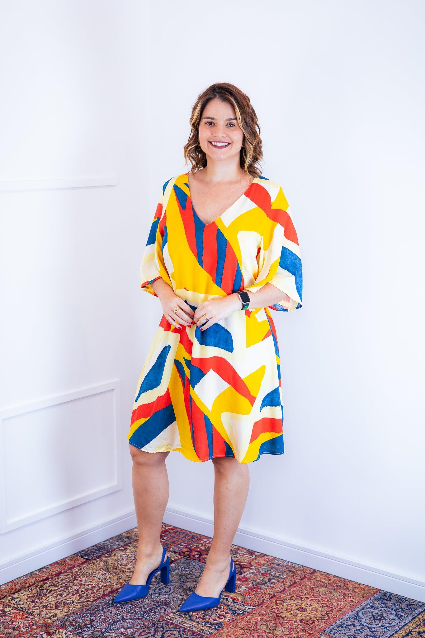 Vestido Sabrina - Decote V Manga Morcego em Viscolinho - Bazar Online