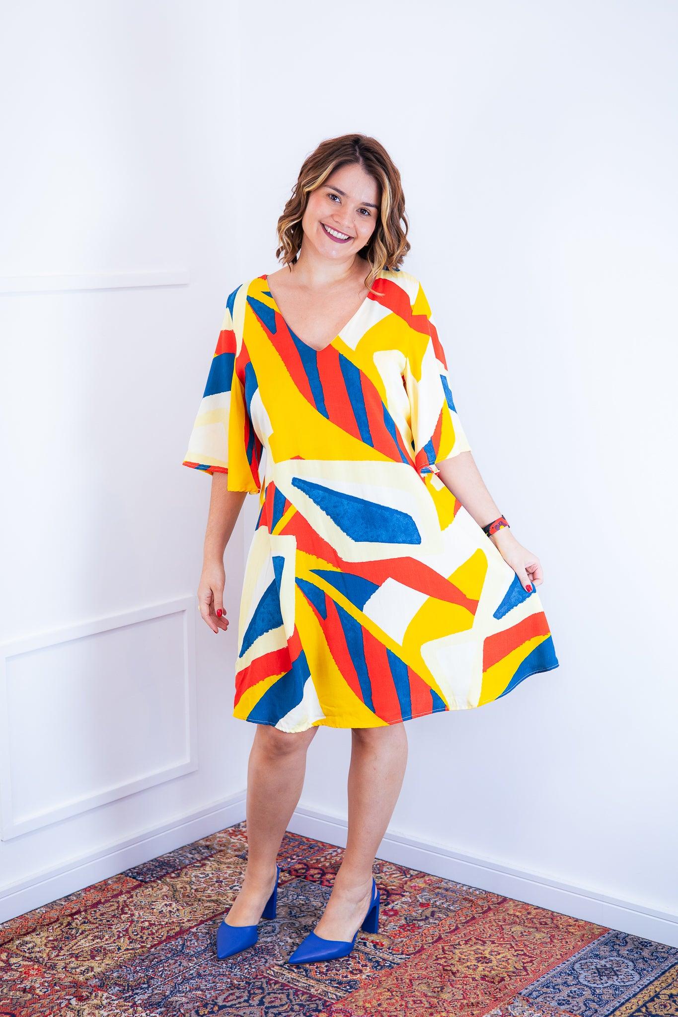 Vestido Sabrina - Decote V Manga Morcego em Viscolinho - Bazar Online