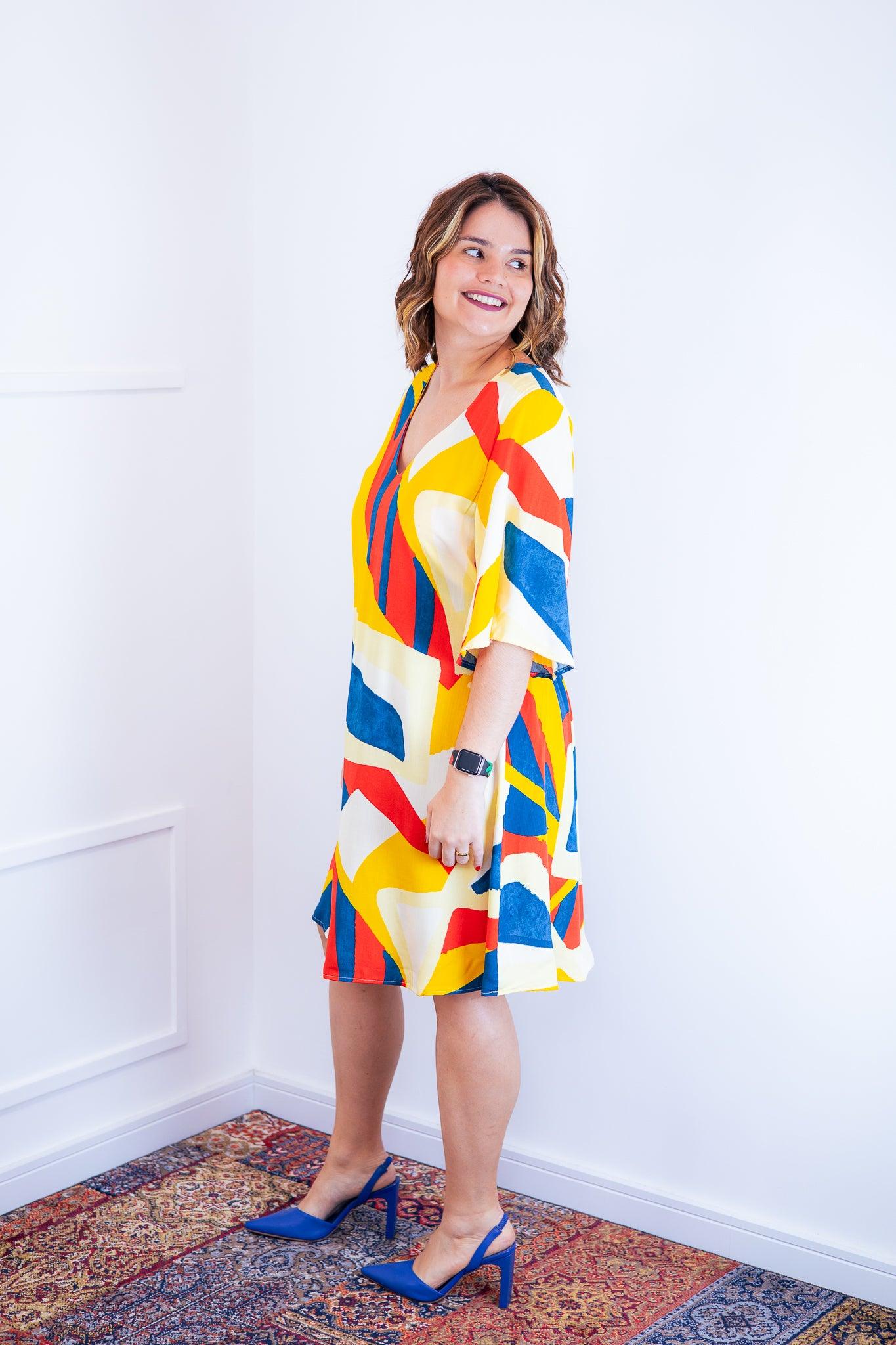 Vestido Sabrina - Decote V Manga Morcego em Viscolinho - Bazar Online