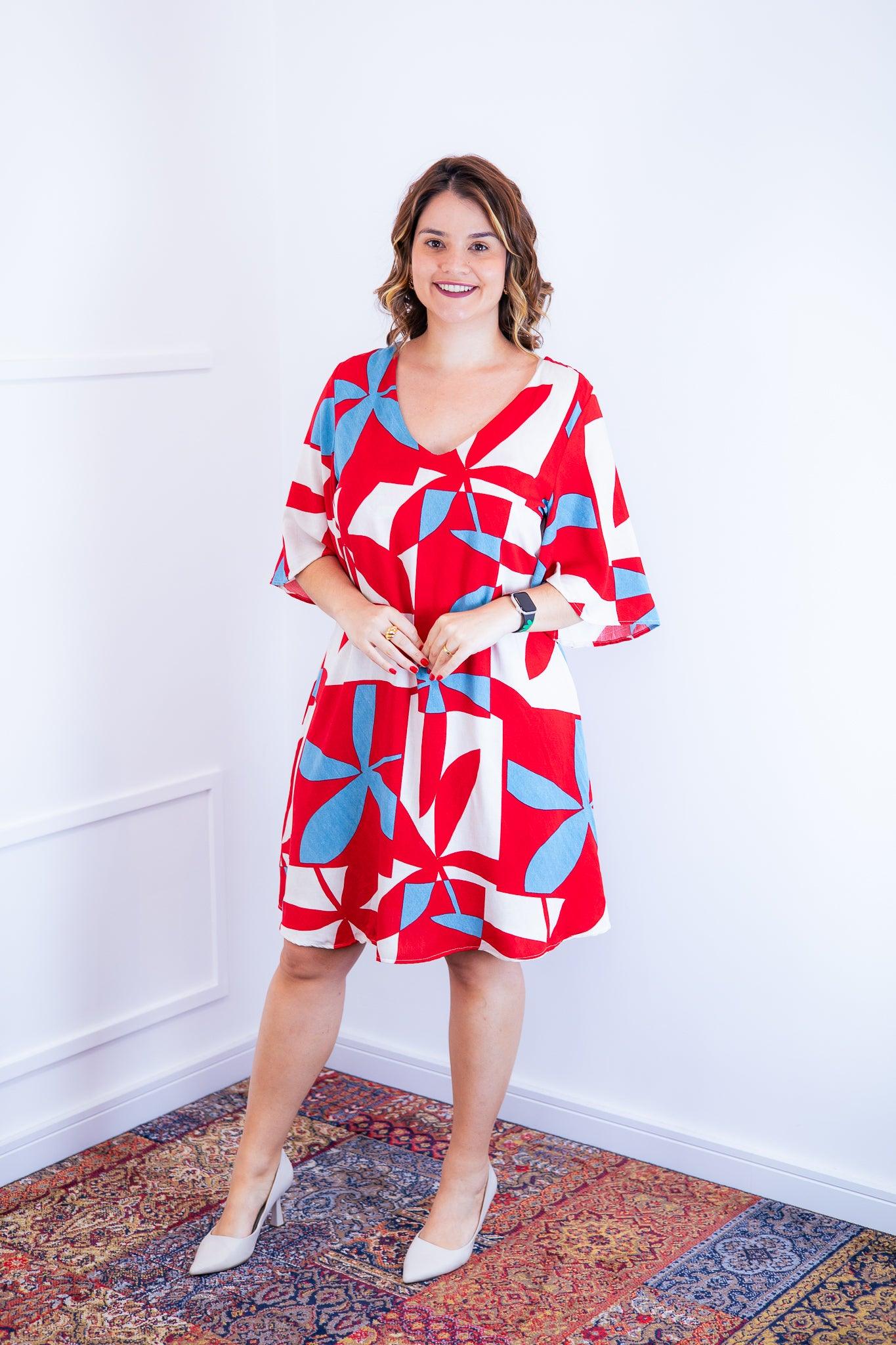 Vestido Sabrina - Decote V Manga Morcego em Viscolinho - Bazar Online