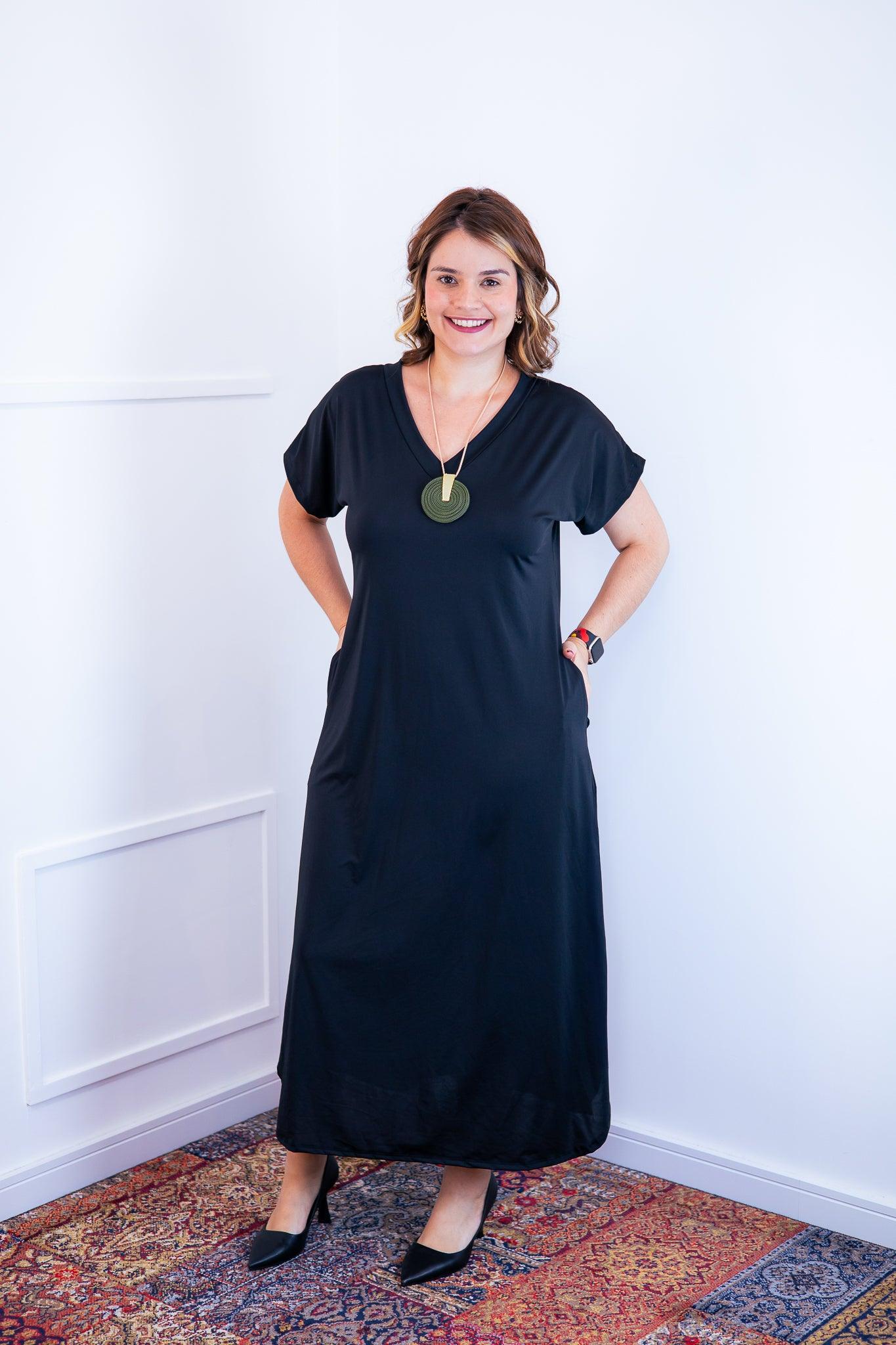 Vestido Antonella - Decote V e Fendas Laterais em Malha Confort - Bazar Online