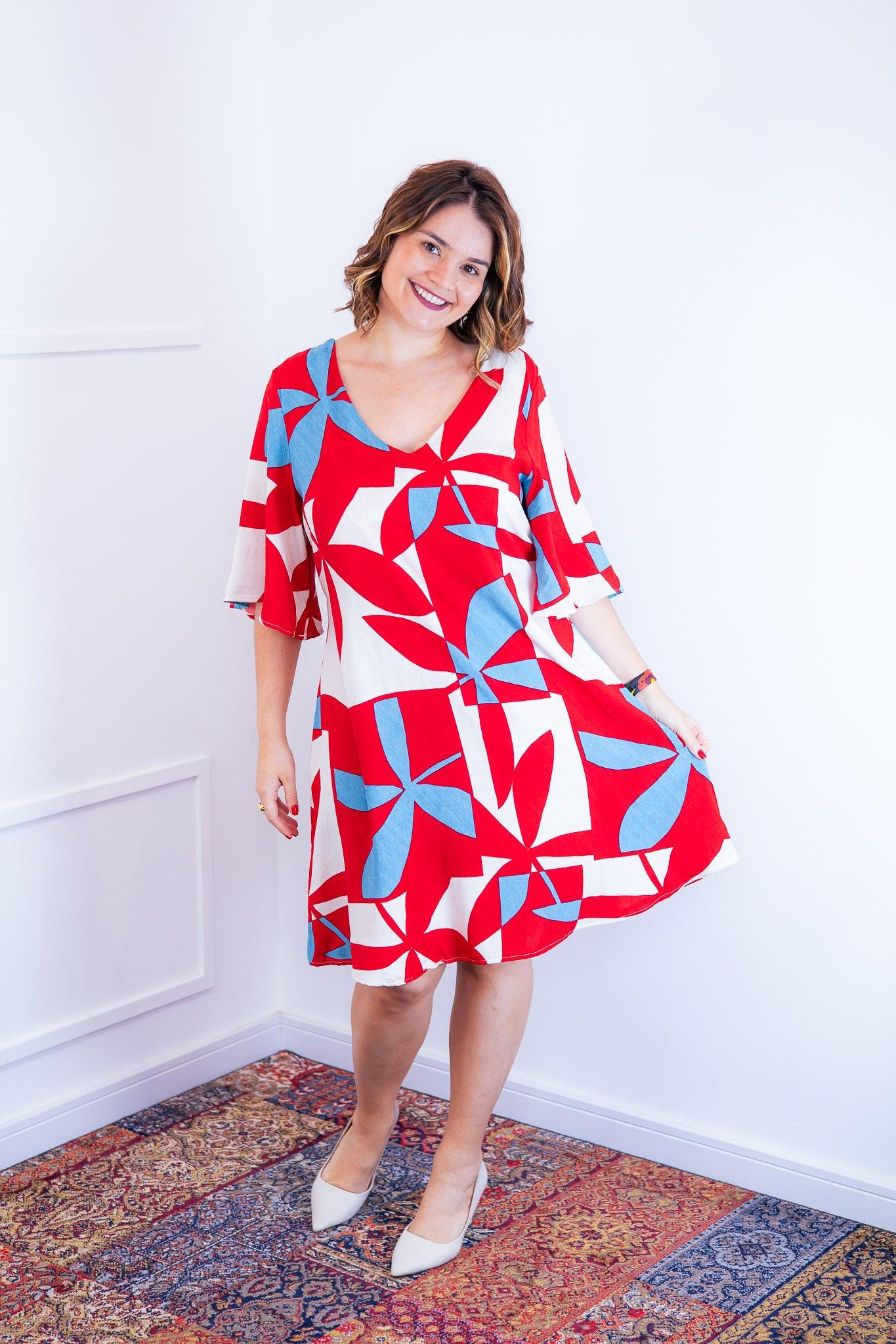 Vestido Sabrina - Decote V Manga Morcego em Viscolinho - Bazar Online