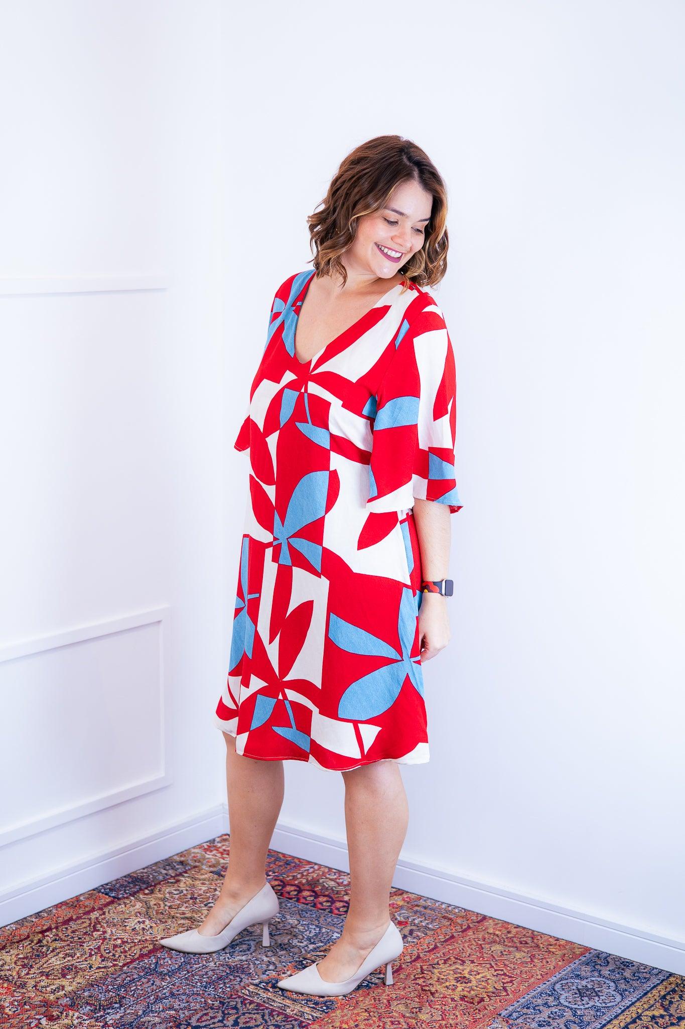 Vestido Sabrina - Decote V Manga Morcego em Viscolinho - Bazar Online