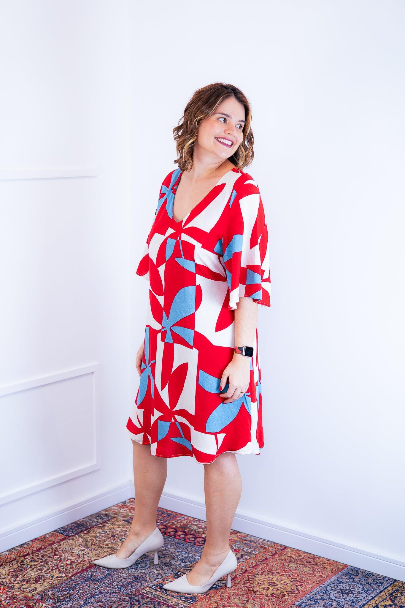 Vestido Sabrina - Decote V Manga Morcego em Viscolinho - Bazar Online