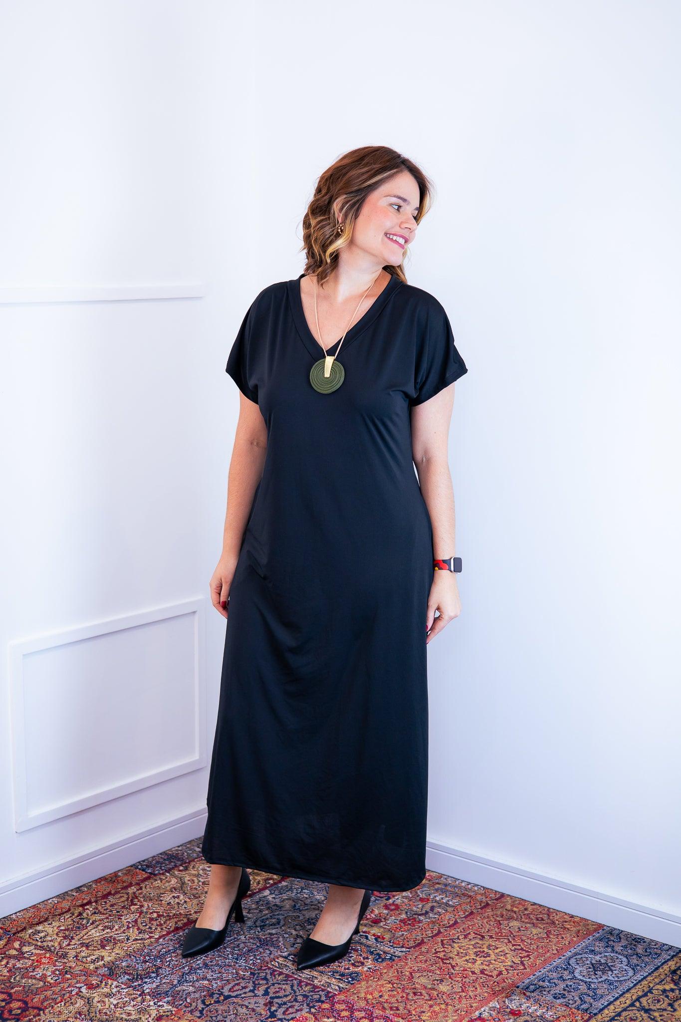 Vestido Antonella - Decote V e Fendas Laterais em Malha Confort - Bazar Online