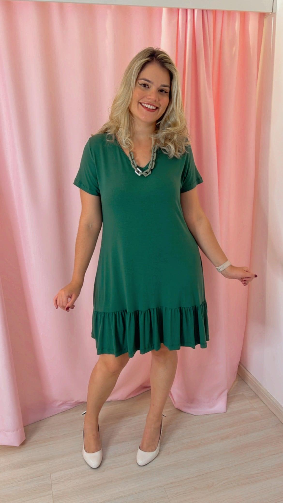 Vestido Verona - Babado Gola V e Manga Curta - Bazar Online